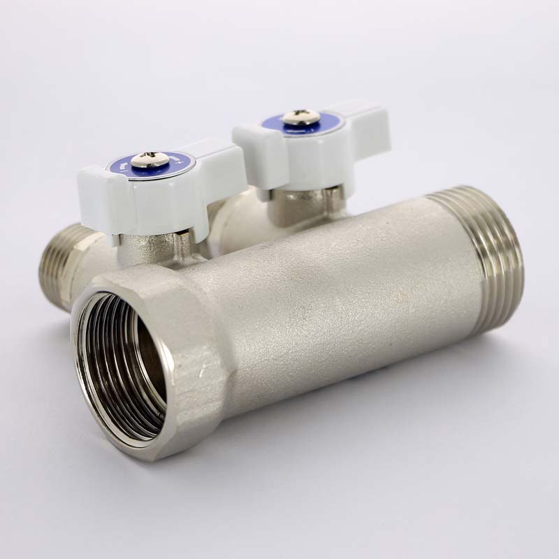 Коллектор распределительный Uni-Fitt 1 НВ 2 выхода 1/2 Н 40 мм с отсечными кранами никелированный 424N4220