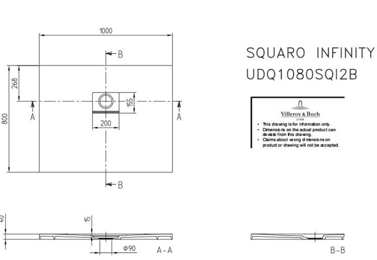 Душевой поддон Villeroy & Boch Squaro Infinity 1000x800 мм Stone White UDQ1080SQI2BVRW