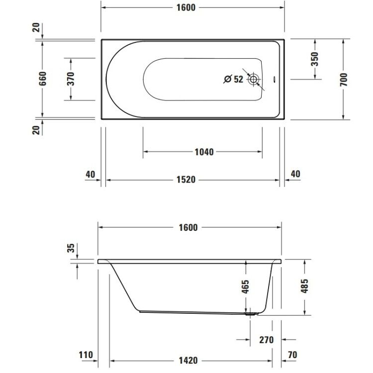 Ванна Duravit D-Neo 1600x700x485 мм встраиваемая с одним наклоном для спины цвет белый 700472000000000