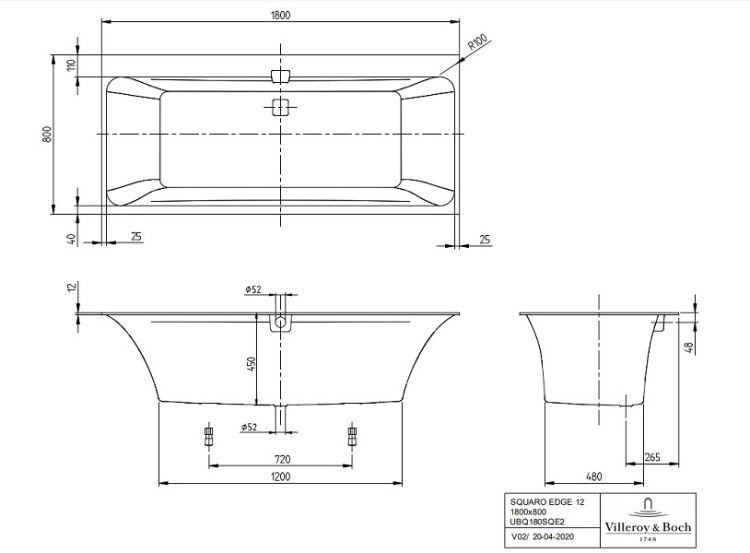 Ванна Villeroy & Boch Squaro Edge 12 Duo 1800x800 мм Stone White UBQ180SQE2DVRW