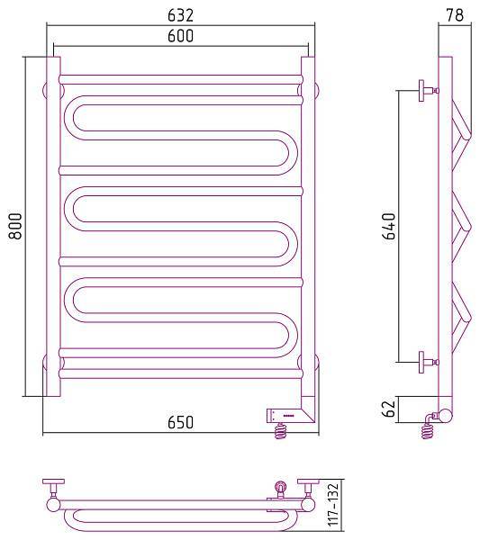 Полотенцесушитель электрический Сунержа Элегия 2.0 600x800 мм правый без покрытия 00-5219-8060