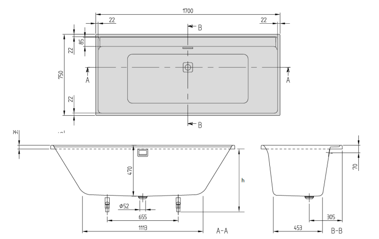 Ванна Villeroy & Boch Collaro 1700x750 мм слив-перелив черный матовый UBA170COR2NV01