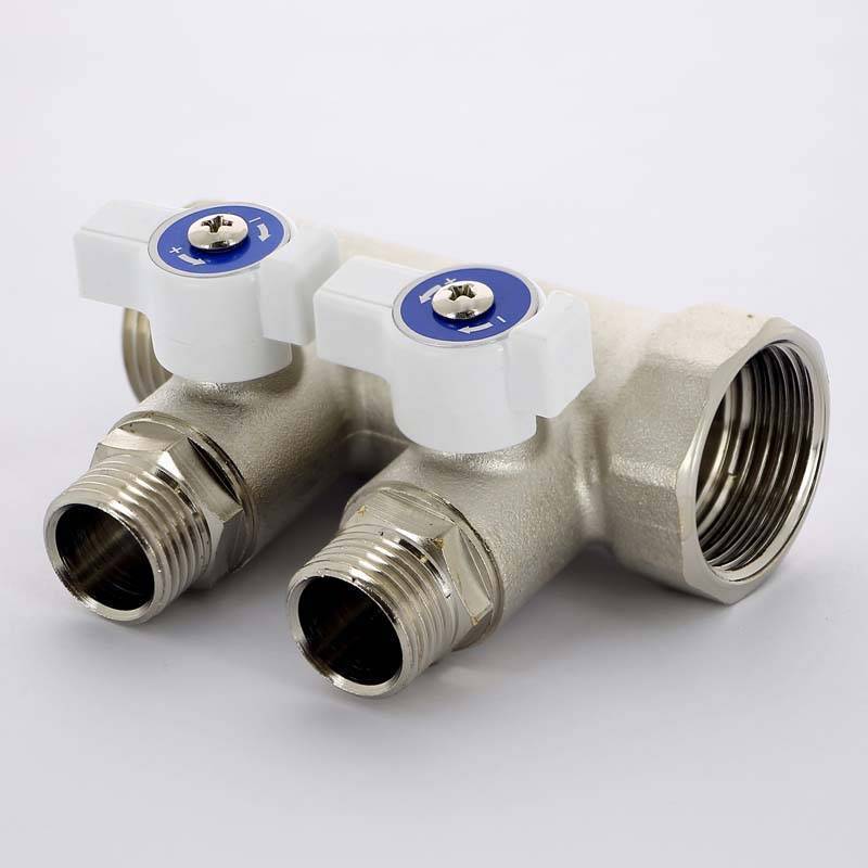 Коллектор распределительный Uni-Fitt 1 НВ 2 выхода 1/2 Н 40 мм с отсечными кранами никелированный 424N4220