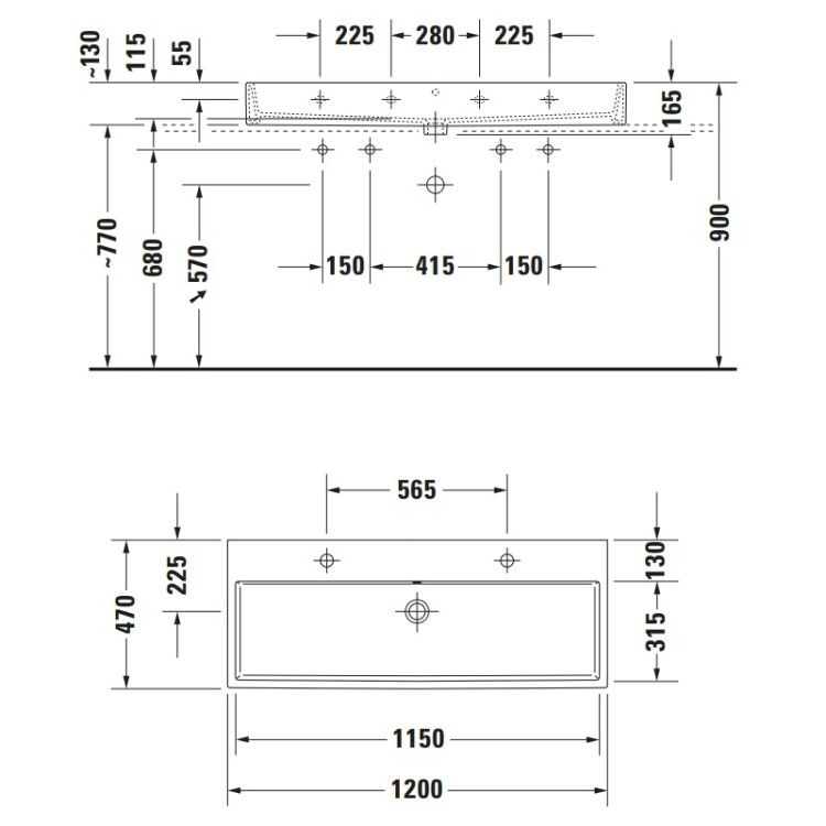 Раковина Duravit Vero Air 1200x470 мм шлифованная 2 отверстия под смеситель 2350120026
