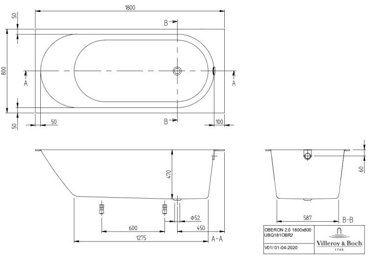 Ванна Villeroy & Boch Oberon 2.0 1800x800 мм UBQ181OBR2DV01