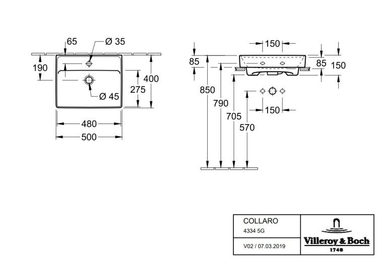 Раковина Villeroy & Boch Collaro 500x400 мм подвесная с переливом альпийский белый 43345G01