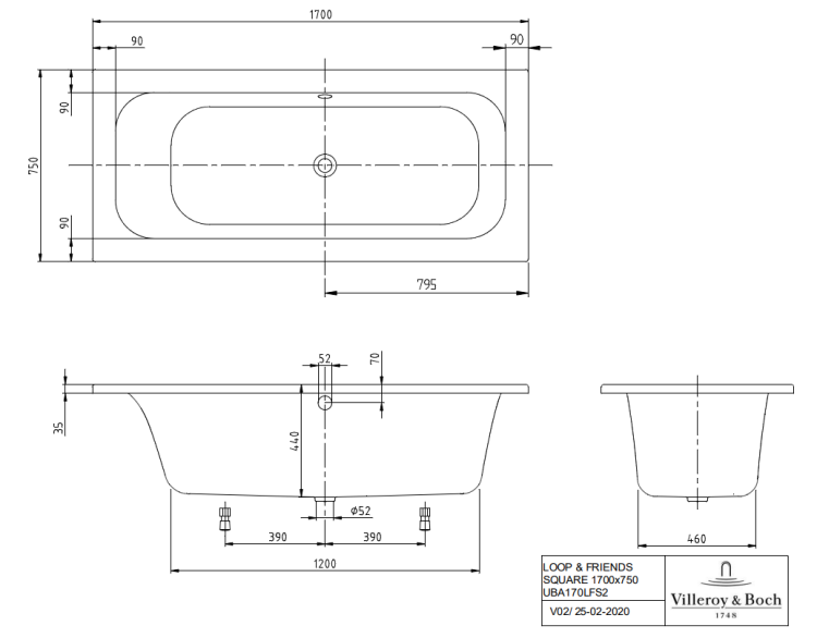 Ванна пристенная Villeroy & Boch Loop & Friends 1700x750 мм альпийский белый UBA170LSF2V01
