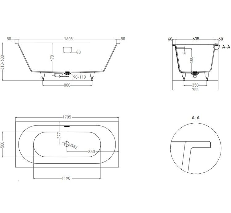 Ванна Salini Ornella Axis Kit 1700x750x600 мм белый глянцевый 103513G