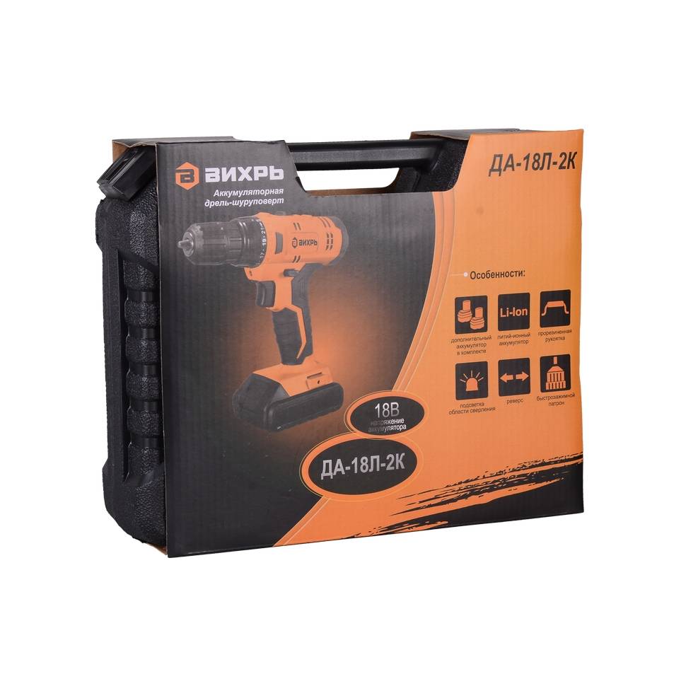 Аккумуляторная дрель-шуруповерт Вихрь ДА-18Л-2К 18 В 2.0 Ач 72/14/10