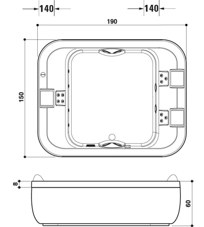 Гидромассажная ванна Jacuzzi Aquasoul Extra 1900x1500x600 мм Rainbow Clean System белая AQU70010400