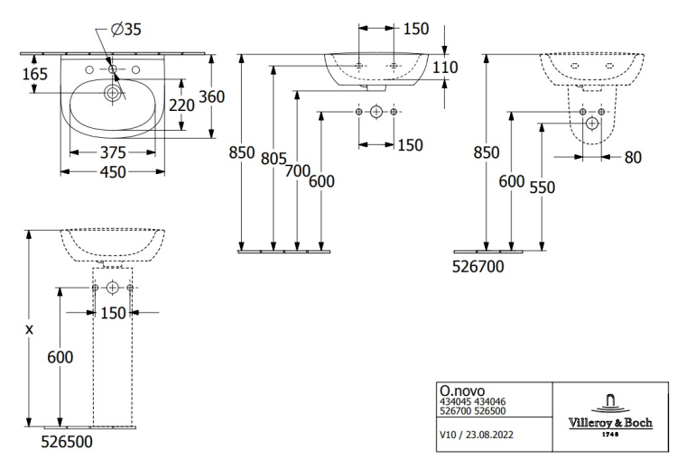 Раковина Villeroy & Boch O.Novo 450x360 мм подвесная 43404501