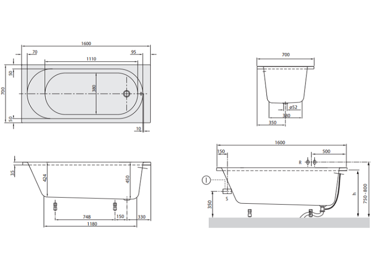 Ванна Villeroy & Boch O.Novo 1600x700 мм UBA160CAS2V01