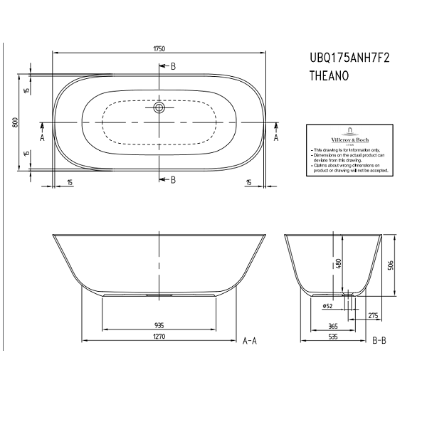 Ванна Villeroy & Boch Theano 1750x800 мм отдельностоящая белый UBQ175ANH7F2BCV01