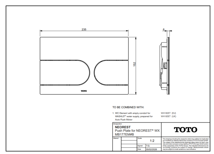 Клавиша смыва TOTO NEOREST WX 235x152 мм цвет белый матовый MB177EMW
