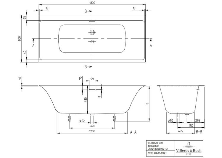 Ванна Villeroy & Boch Subway 3.0 1800x800 мм с наполнением SilentFlow белый альпийский UBQ180SBW2TDV01