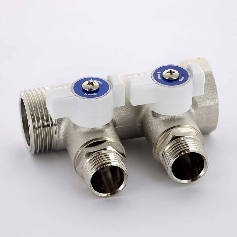 Коллектор распределительный Uni-Fitt 1 НВ 2 выхода 1/2 Н 40 мм с отсечными кранами никелированный 424N4220