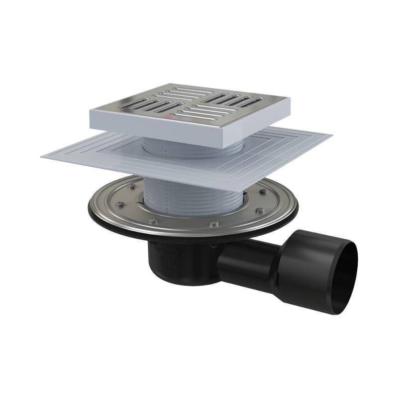 Трап Alcadrain 150х150 мм боковой выпуск 50/75 мм решетка нержавеющая сталь APV3444