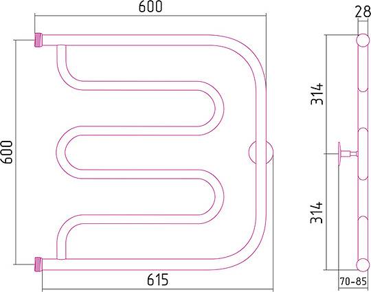 Полотенцесушитель водяной Стилье Тандем 60x60 см нержавеющая сталь 00016-6060