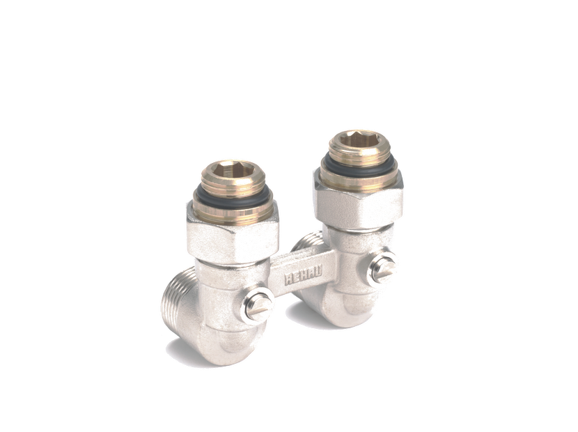 Пара шаровых кранов Rehau G 1/2 x G 3/4 угловые никелированные 1245197