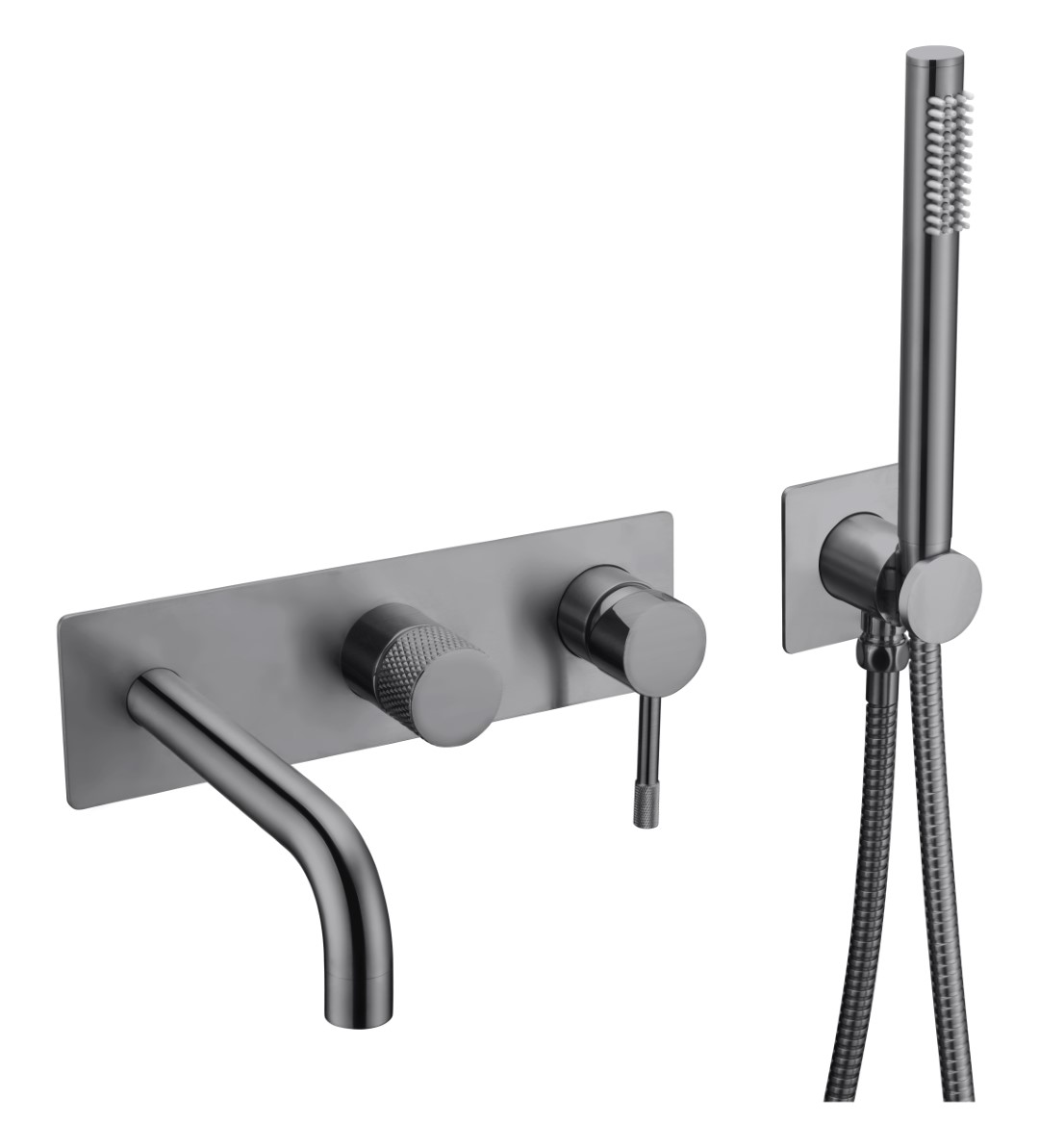 Смеситель для ванны Boheme Uno встраиваемый на 4 отверстия с ручным душем и изливом 17,9 см shine gun metal 464-3-SGM