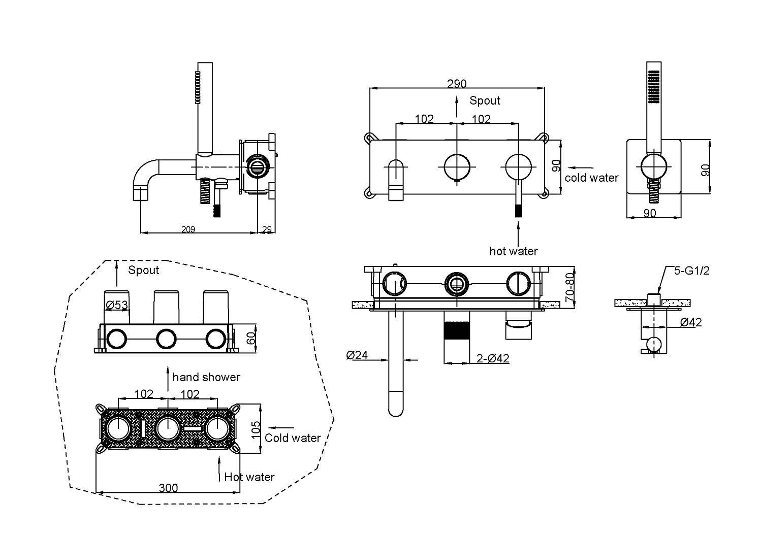 Смеситель для ванны Boheme Uno встраиваемый на 4 отверстия с ручным душем и изливом 17,9 см shine gun metal 464-3-SGM