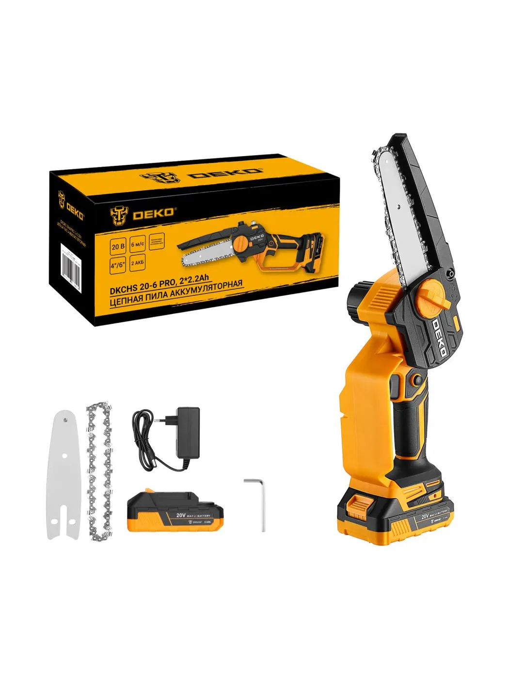 Пила цепная аккумуляторная DEKO DKCHS 20-6 PRO 4 и 6 20 В 2x2.2 Ач 083-2011