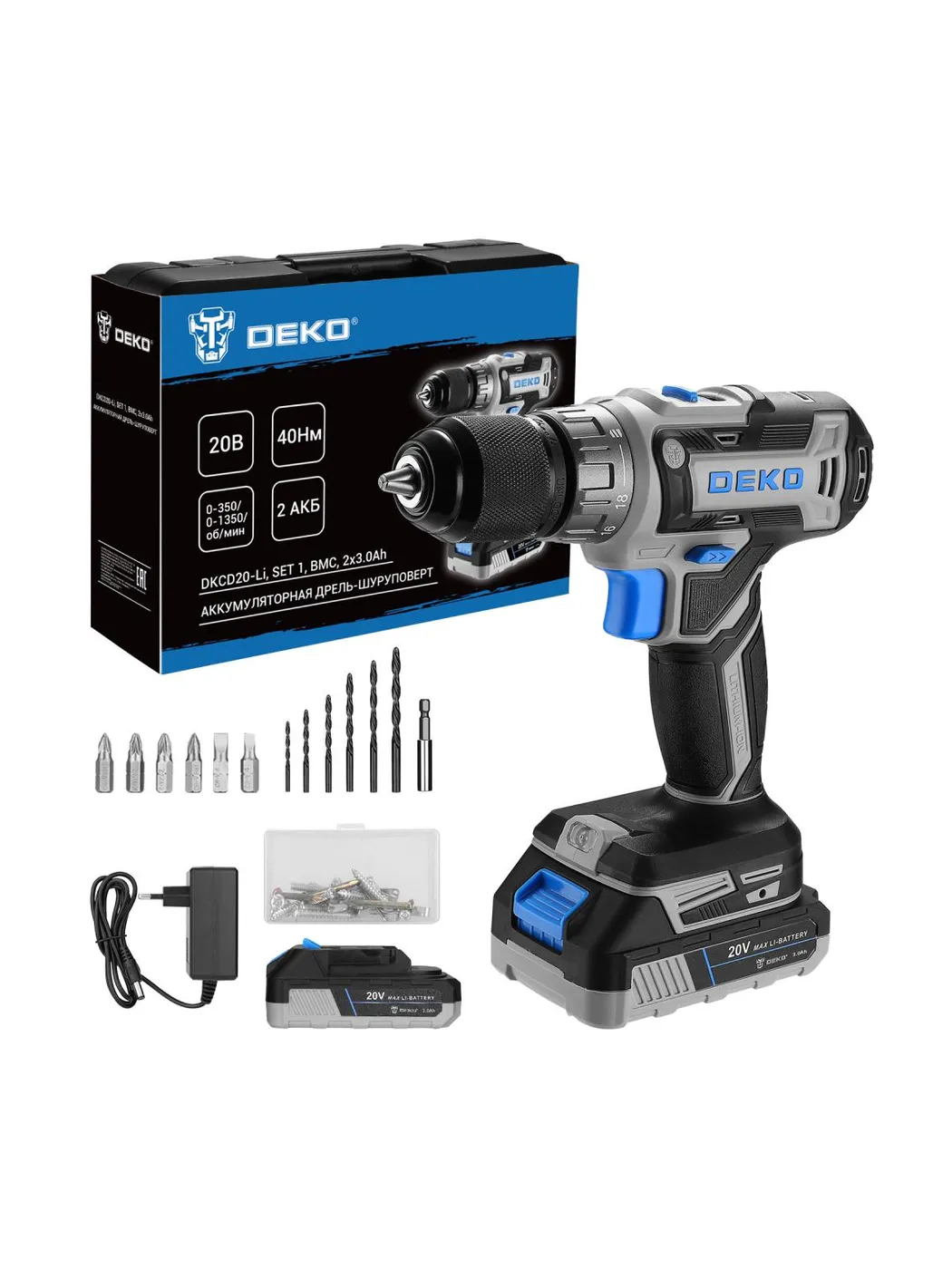 Дрель-шуруповерт аккумуляторная DEKO DKCD20-Li SET1 20 В 2x3.0 Ач 083-1117