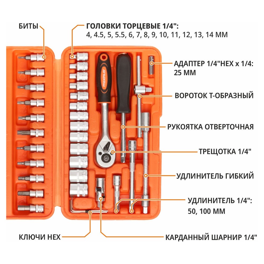 Набор инструментов P.I.T. MaxPiler MXT-46-SET 46 предметов 1/2 и 1/4 CrV MXT-46-SET