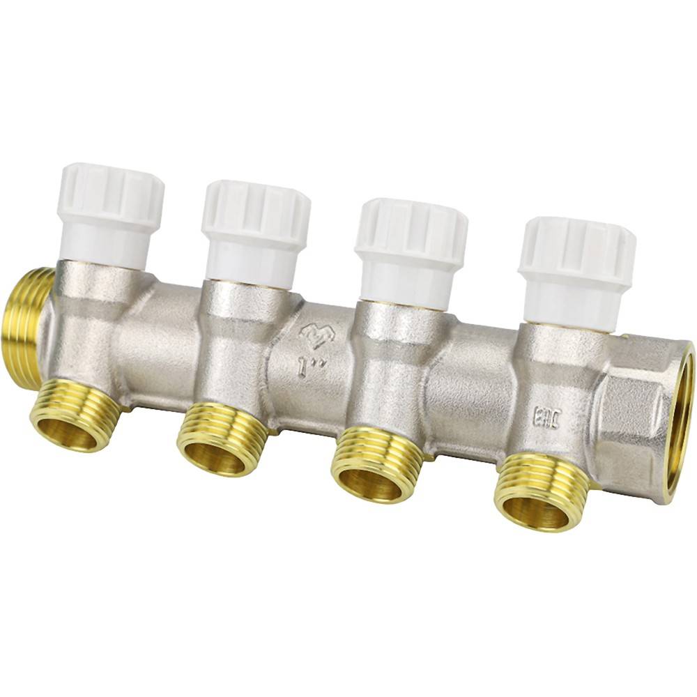 Коллектор распределительный Varmega 1 x 1/2 4 выхода с запорными клапанами VM14703