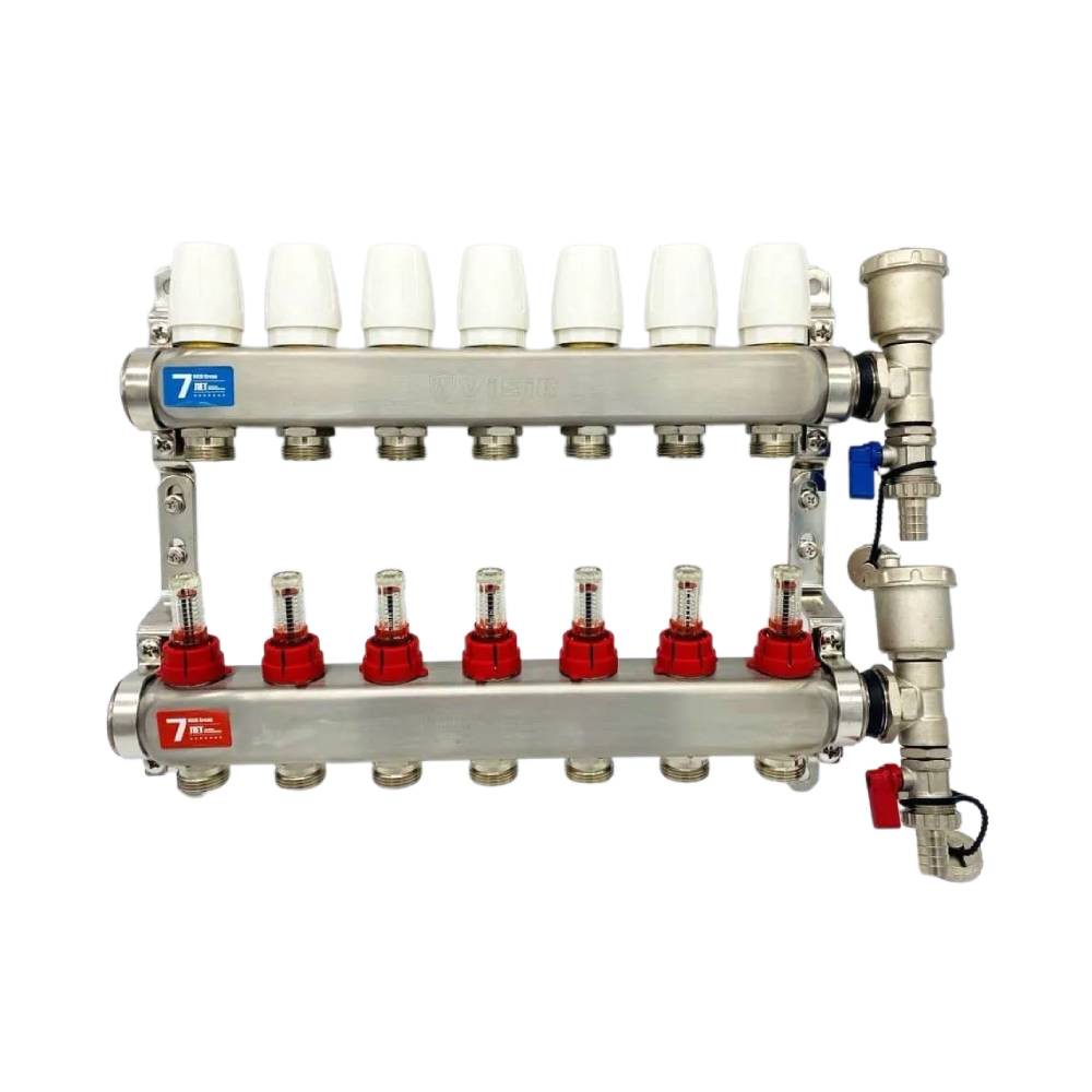 Коллекторная группа ViEiR 1 x 7 x 3/4 с расходомерами, дренажными кранами и воздухоотводчиками нержавеющая сталь VR113-07A
