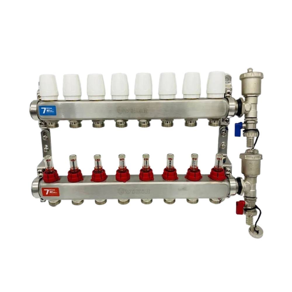 Коллекторная группа ViEiR 1 x 8 x 3/4 с расходомерами, дренажными кранами и воздухоотводчиками нержавеющая сталь VR113-08A