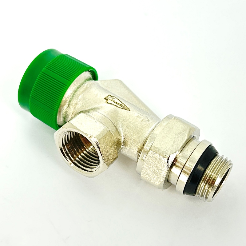 Вентиль термостатический угловой-осевой НВ 1/2, никелированный с разъёмным соединением, Element