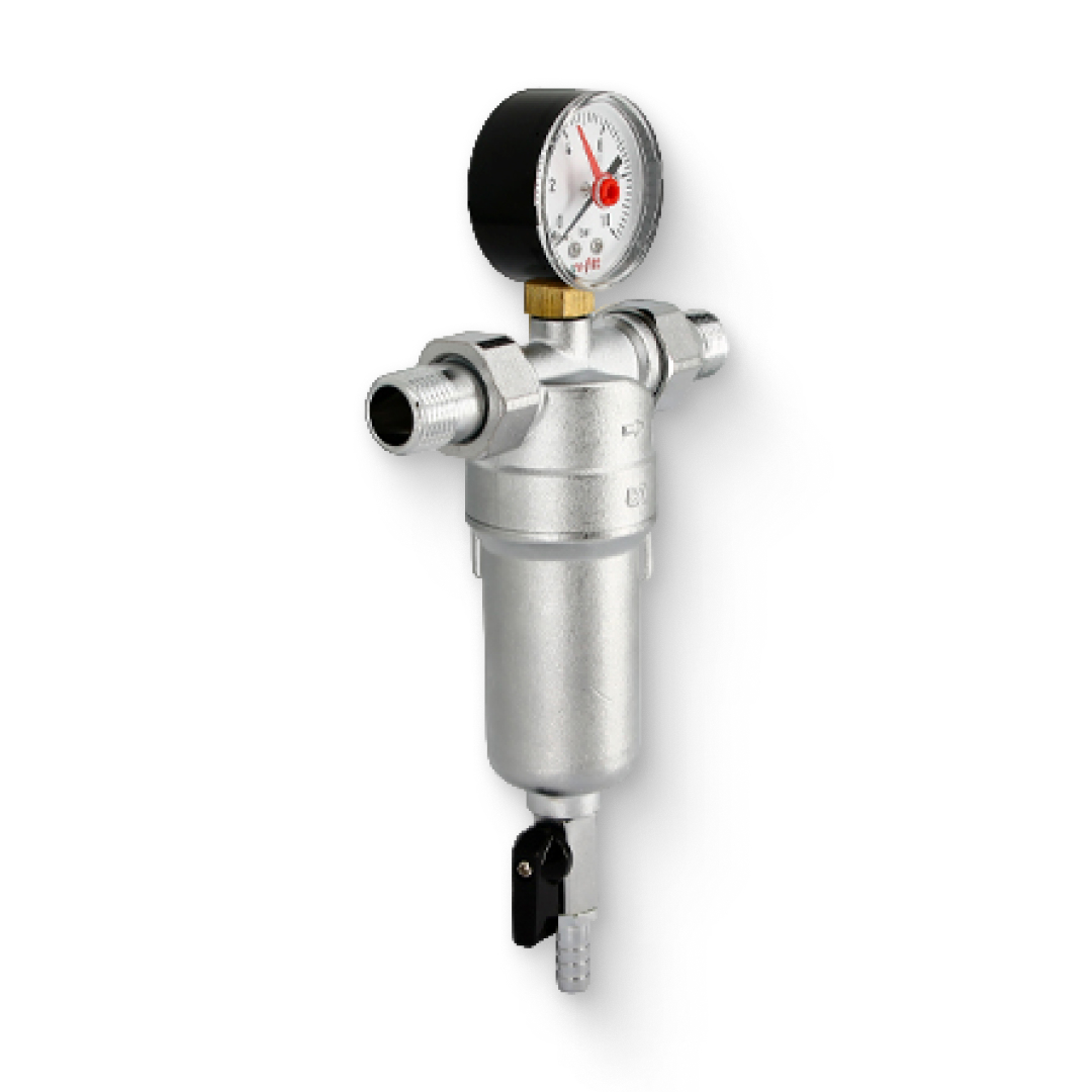 Фильтр промывной ВН 1/2 х 3/4 с редукционным соединением, со слив. шаровым краном и маном., хром.