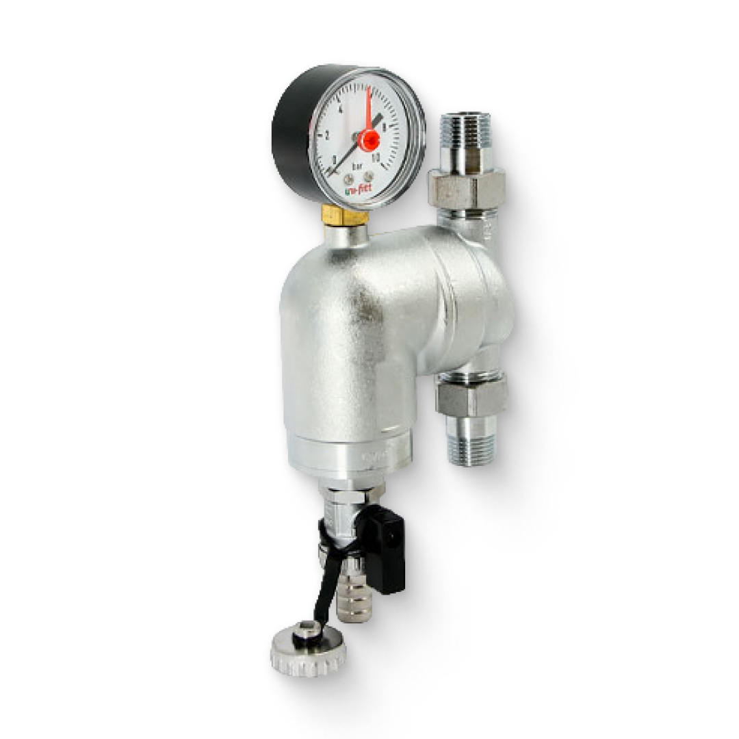 Фильтр промывной поворотный Н 1/2, со сливным шаровым краном и манометром, хромированный