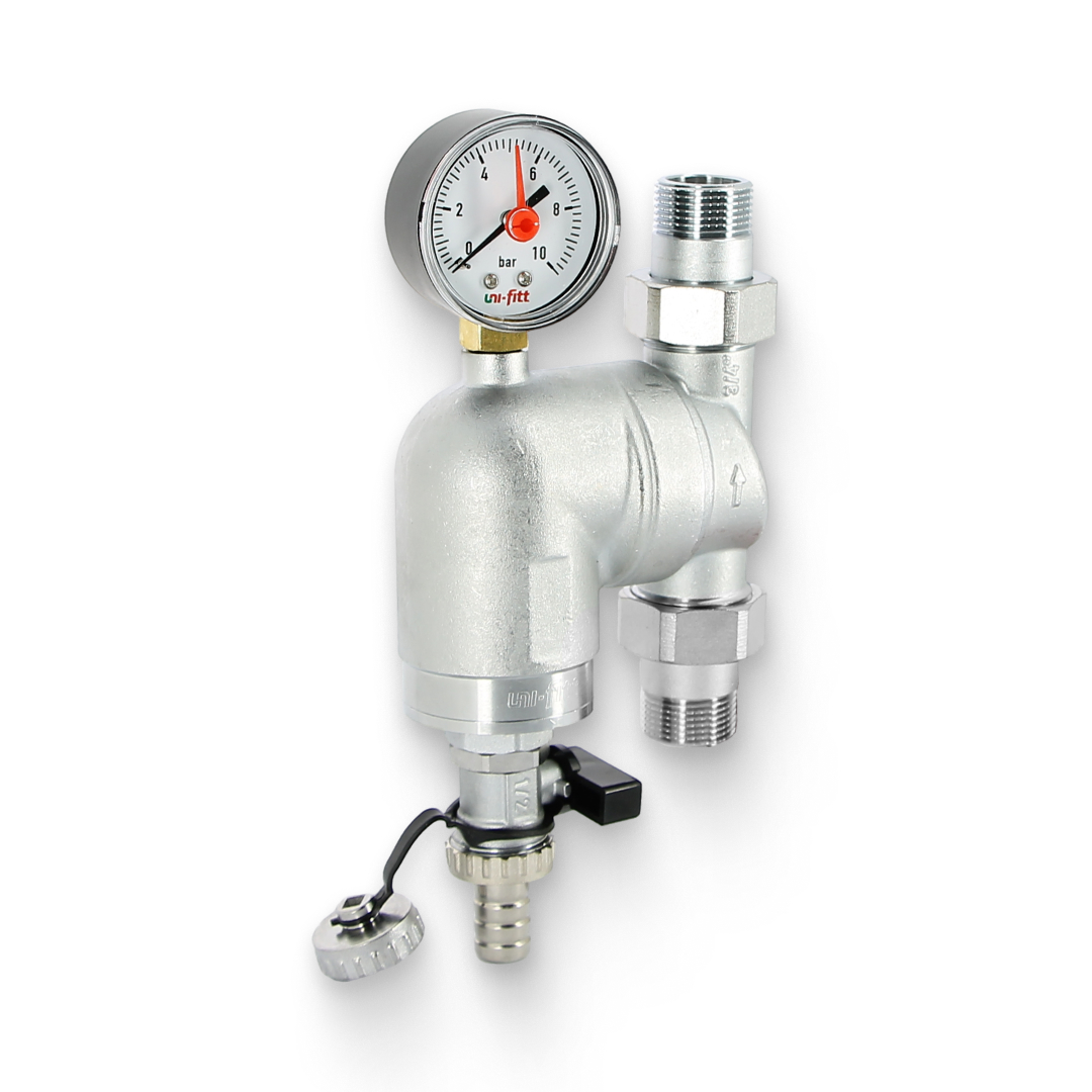 Фильтр промывной поворотный Н 3/4, со сливным шаровым краном и манометром, хромированный