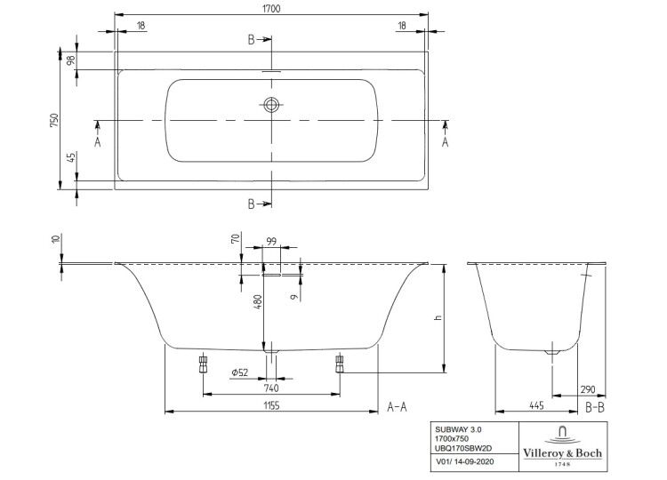 Ванна Villeroy & Boch Subway 3.0 1700x750 мм UBQ170SBW2DV01