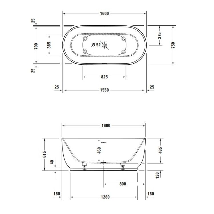 Ванна Duravit Luv 1600x750 мм отдельностоящая овальная с двумя наклонами для спины белый матовый 700461000000000