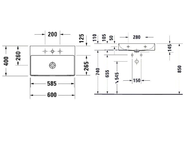 Раковина Duravit DuraSquare 600x400 мм подвесная без отверстий для смесителя 2356600070