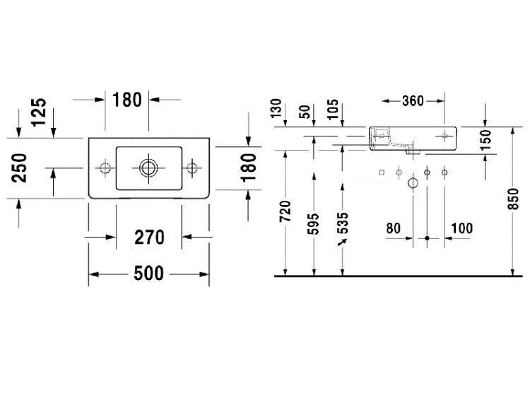 Раковина Duravit Vero 500x250 мм 1 отверстие для смесителя 0703500008