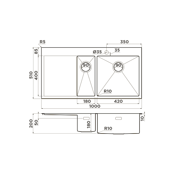 Кухонная мойка Omoikiri Akisame 100-2-R-IN нержавеющая сталь 100x51 см 4973547