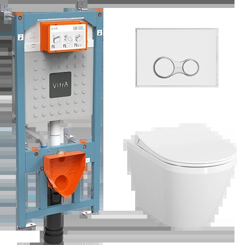 Комплект унитаз подвесной VitrA Integra Round с тонким сиденьем микролифт, инсталляцией и панелью смыва 9856B003-7205