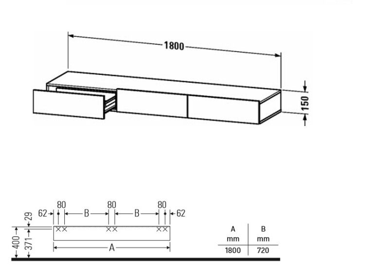 Тумба под раковину Duravit DuraStyle 1800x440x150 мм подвесная базальт матовый DS827304343