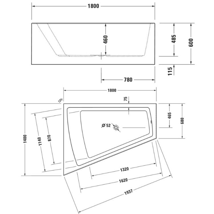 Ванна угловая Duravit Paiova 1800x1400 мм наклон спины слева 700268000000000