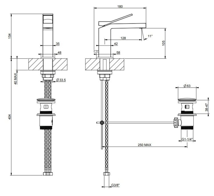 Смеситель для раковины Gessi Rettangolo K с донным клапаном цвет Copper PVD 53001030