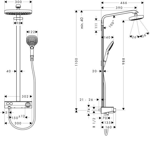 Душевая стойка Hansgrohe Raindance Select E 300x160 с термостатом, хром, 27283000