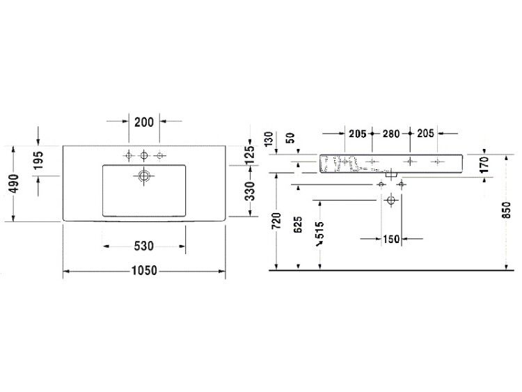 Раковина встраиваемая Duravit Vero 1050x490 мм 1 отверстие для смесителя 0329100000