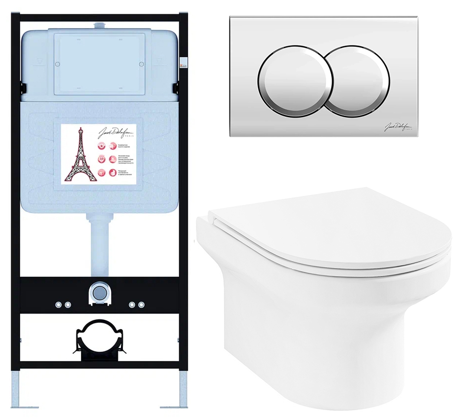 Унитаз с инсталляцией Jacob Delafon Elite сиденье тонкое микролифт панель для двойного смыва хром E21743RU-CP