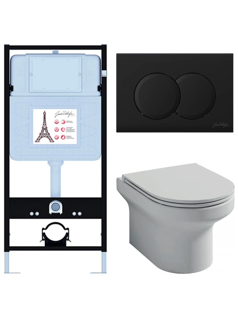 Унитаз с инсталляцией Jacob Delafon Elite сиденье тонкое микролифт панель для двойного смыва матовый черный E21743RU-BL