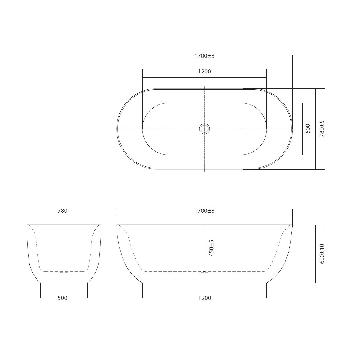 Ванна акриловая отдельностоящая Aquanet АФИНА 1700x780x600 мм со сливом и ножками AQ-44778