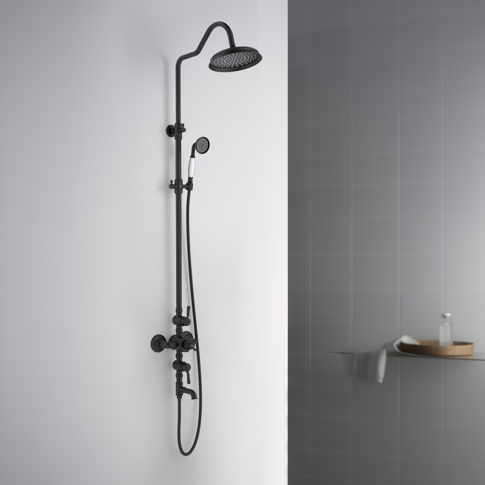 Душевая система Aquanet Классик AQ2543MB термостатическая с изливом 220 мм матовый черный AQ2543MB